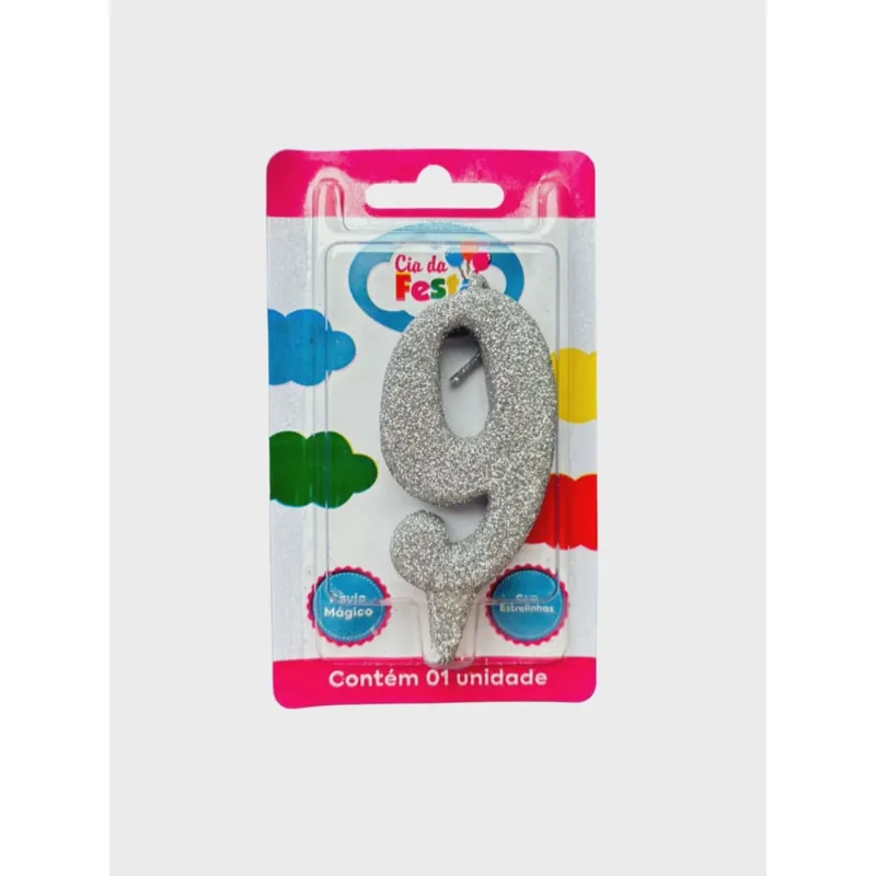 Vela Premium Glitter Prata N 9 Cia Da Festa