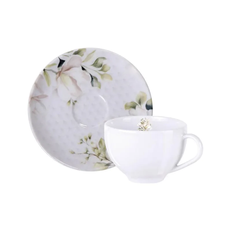 Conjunto Xícara e Pires de Chá Porcelana 250ml Tramontina Magnólia Branca Decorada - Tramontina