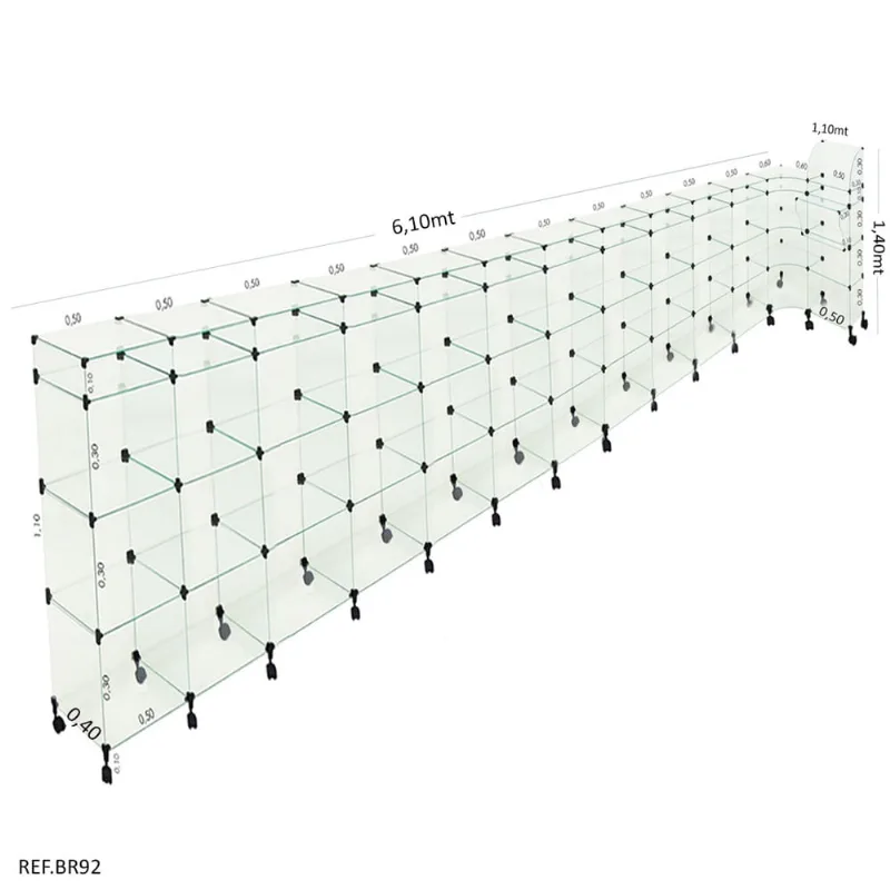 Balcão L Em Vidro c/ Caixa + Rodizio 6,10 X 1,10 X 1,10 X 0,40