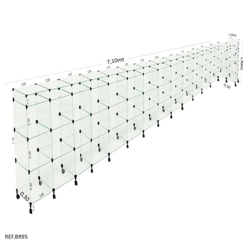 Balcão L Em Vidro c/ Caixa + rodizio 7,10 X 1,10 X 1,10 X 0,30