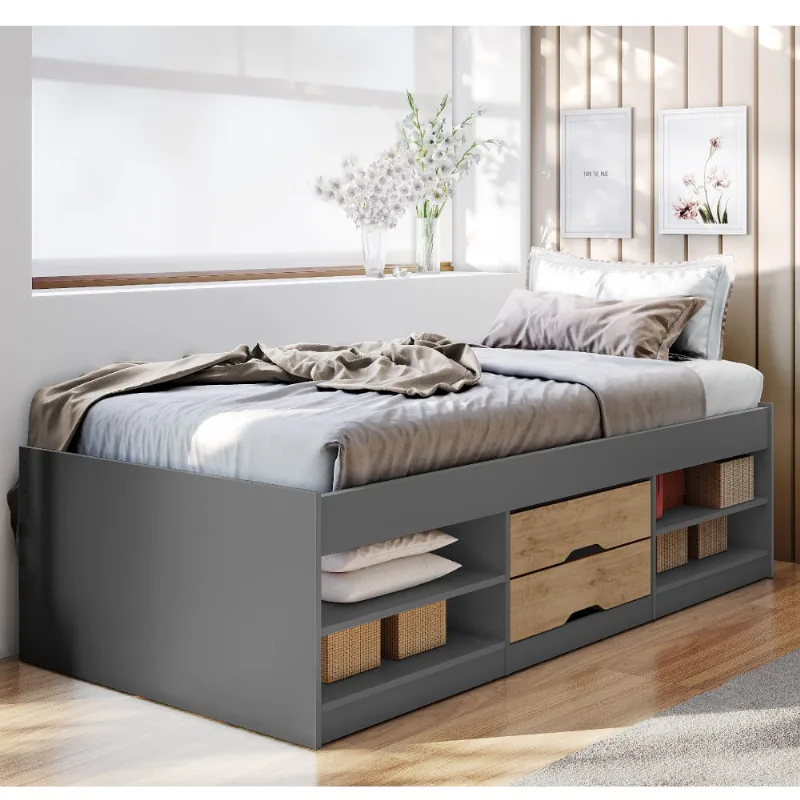 Cama Solteiro Kiara 4 Nichos e 2 Gavetas - Chumbo/Amêndoa