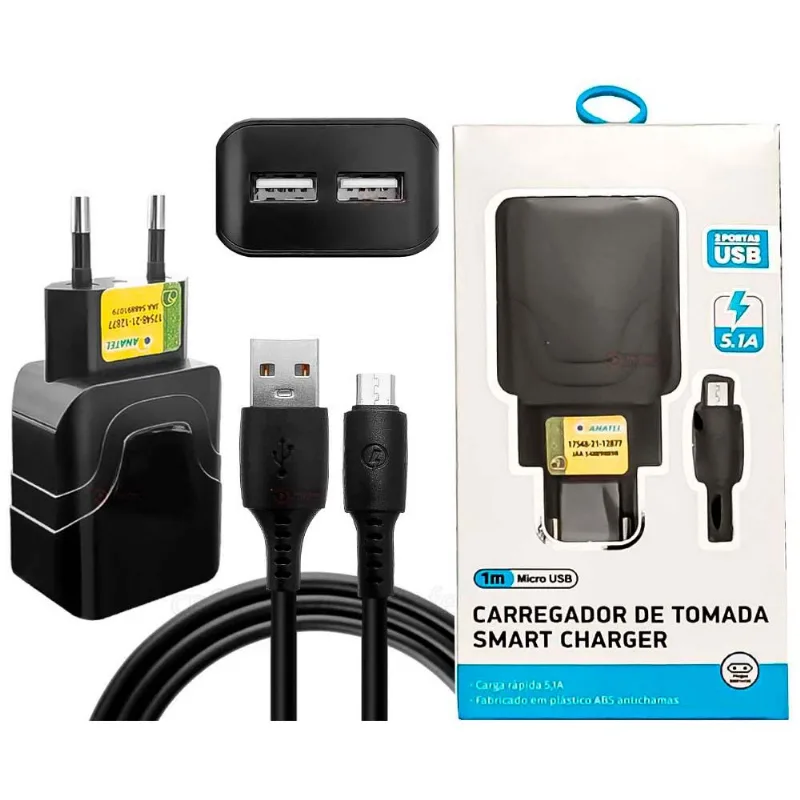 Cabo Micro Usb - V8 1m + Carregador Fonte Tomada 2 Usb 5.1a Ultra Rápido Resistente - Dados E Caga