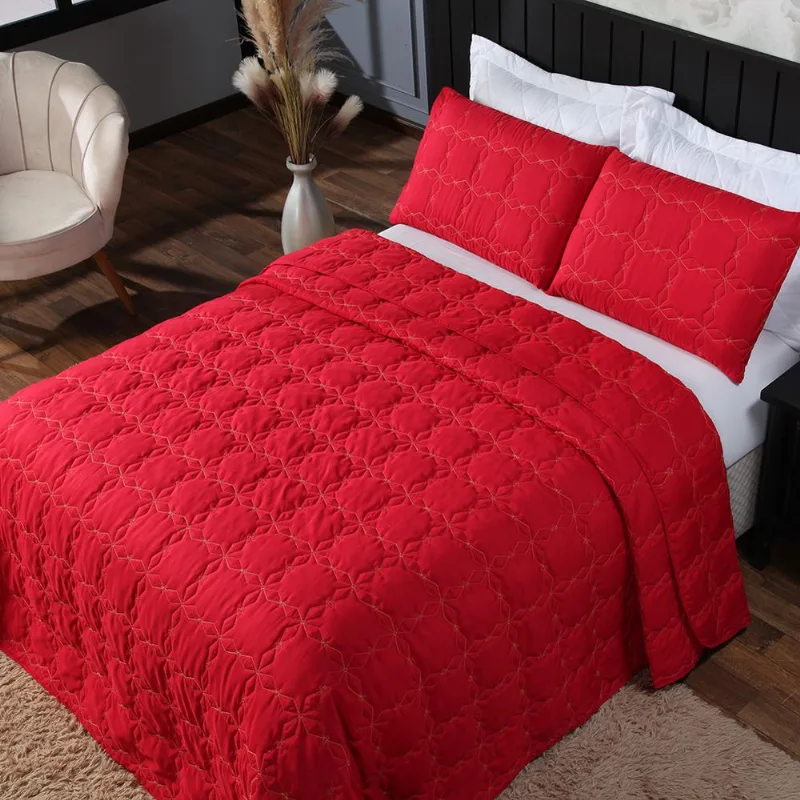 Cobre Leito 3 Peças Shine Queen 200 Fios Vermelho 24 X 22m Matelado Bordado E Porta Travesseiros Casa Dona