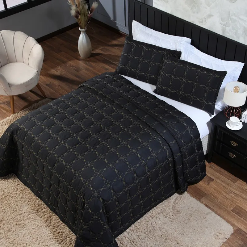 Cobre Leito 3 Peças Shine Queen 200 Fios Preto 24 X 22m Matelado Bordado E Porta Travesseiros Casa Dona