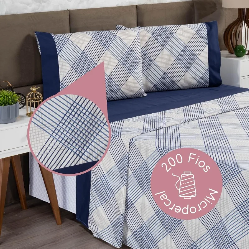 Jogo De Lençol Casal 4 Peças Estampado Urbe 200 Fios Floral Azul Casa Dona