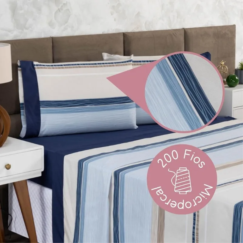 Jogo De Lençol Queen 4 Peças Estampado Urbe 200 Fios Floral Azul E Bege Casa Dona