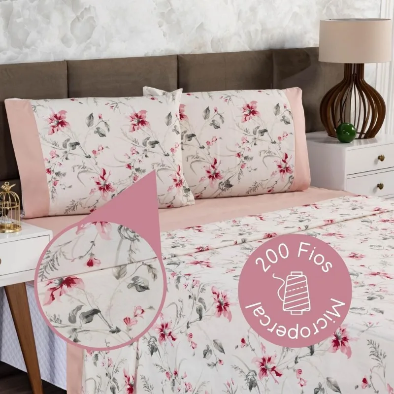 Jogo De Lençol Queen 4 Peças Estampado Urbe 200 Fios Floral Rosê Casa Dona