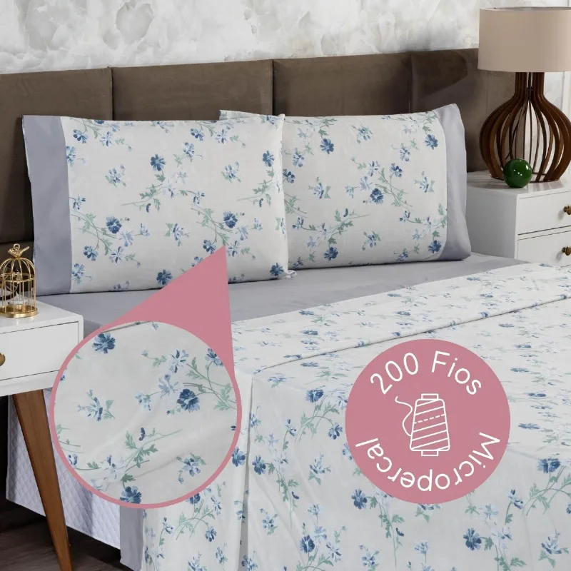 Jogo De Lençol King 4 Peças Estampado Urbe 200 Fios Floral Prata Casa Dona