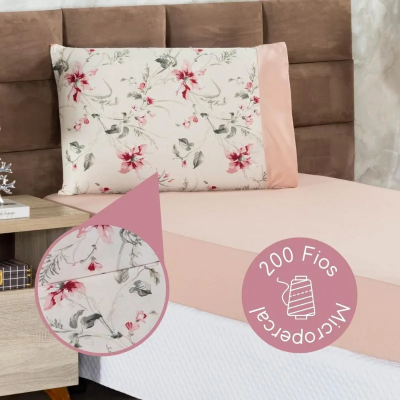Jogo De Lençol Solteiro 2 Peças Estampado Urbe 200 Fios Floral Rosê Casa Dona