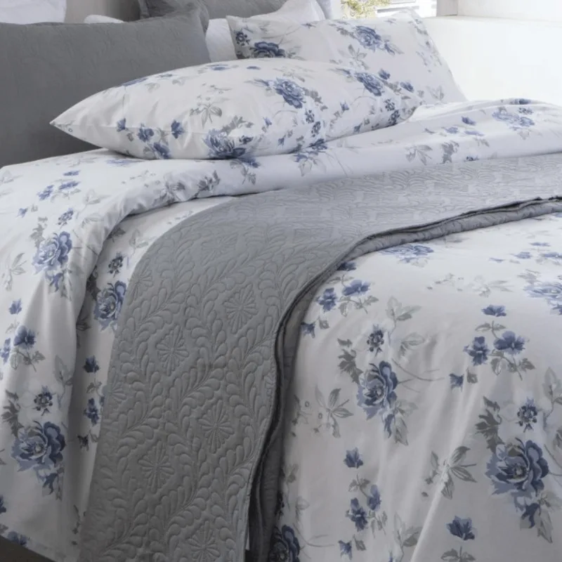 Jogo De Cama Lençol Queen Percal 200 Fios Estampado Floral Azul Microtec 04 Peças Toque Macio