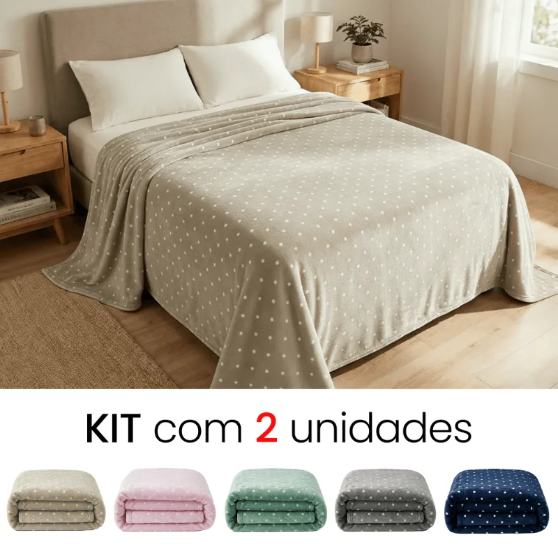 Kit 2 Mantas Cobertor Casal Corttex Poá 180x220cm Microfibra Antialérgico Super Macio Premium