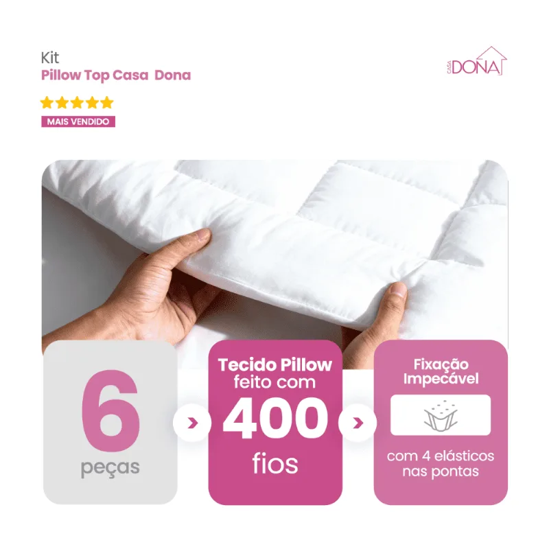 6 Pillow Top Protetor De Colchão Casa Dona Top 400 Fios Percal Hipoalérgico Super Macio Solteiro Casal Queen E King