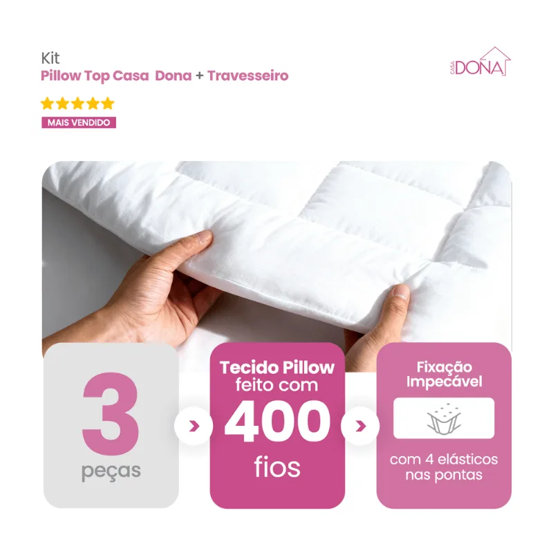 Kit Pillow Capa E Protetor De Colchão Casa Dona 400 Fios Percal Hipoalérgico Super Macio Mais 2 Travesseiros