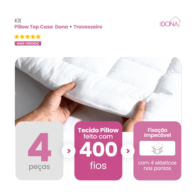 Kit 2 Pillow Capa E Protetor De Colchão Casa Dona 400 Fios Percal Hipoalérgico Super Macio Mais 2 Travesseiros