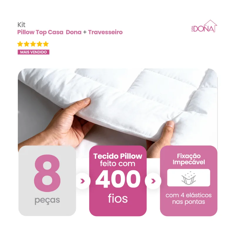 Kit 4 Pillow Capa E Protetor De Colchão Casa Dona 400 Fios Percal Hipoalérgico Super Macio Mais 4 Travesseiros