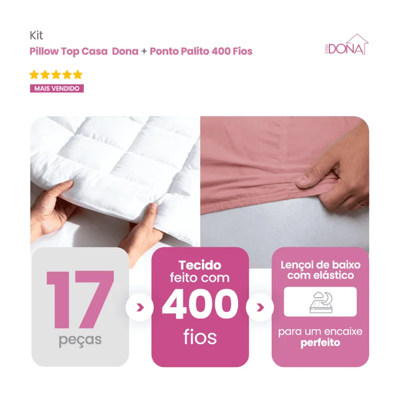 Kit Cama Dos Sonhos Casa Dona 5 Peças Pillow Com Jogo De Lençol 400 Fios Premium Casa Dona