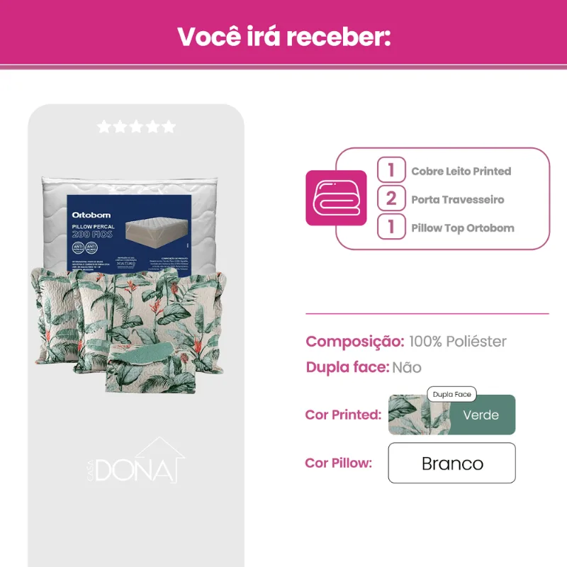 Kit Pillow Top Ortobom 200 Fios Percal 100 Algodão Hipoalérgico Mais Cobre Leito 3 Peças Premium Dupla Face King