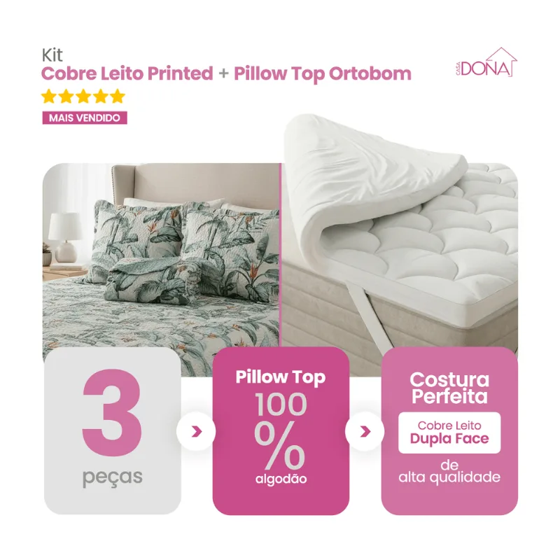 Kit Pillow Top Ortobom 200 Fios Percal 100 Algodão Hipoalérgico Mais Cobre Leito 3 Peças Premium Dupla Face
