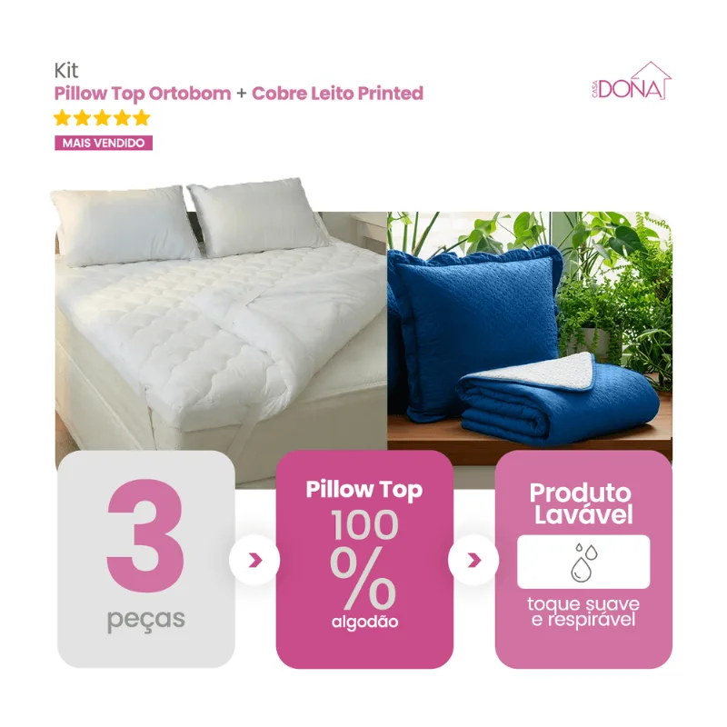Kit Pillow Top Ortobom 200 Fios Percal 100 Algodão Hipoalérgico Mais Cobre Leito 3 Peças Premium Dupla Face