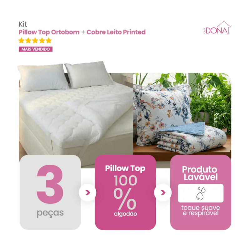 Kit Pillow Top Ortobom 200 Fios Percal 100 Algodão Hipoalérgico Mais Cobre Leito 3 Peças Premium Dupla Face
