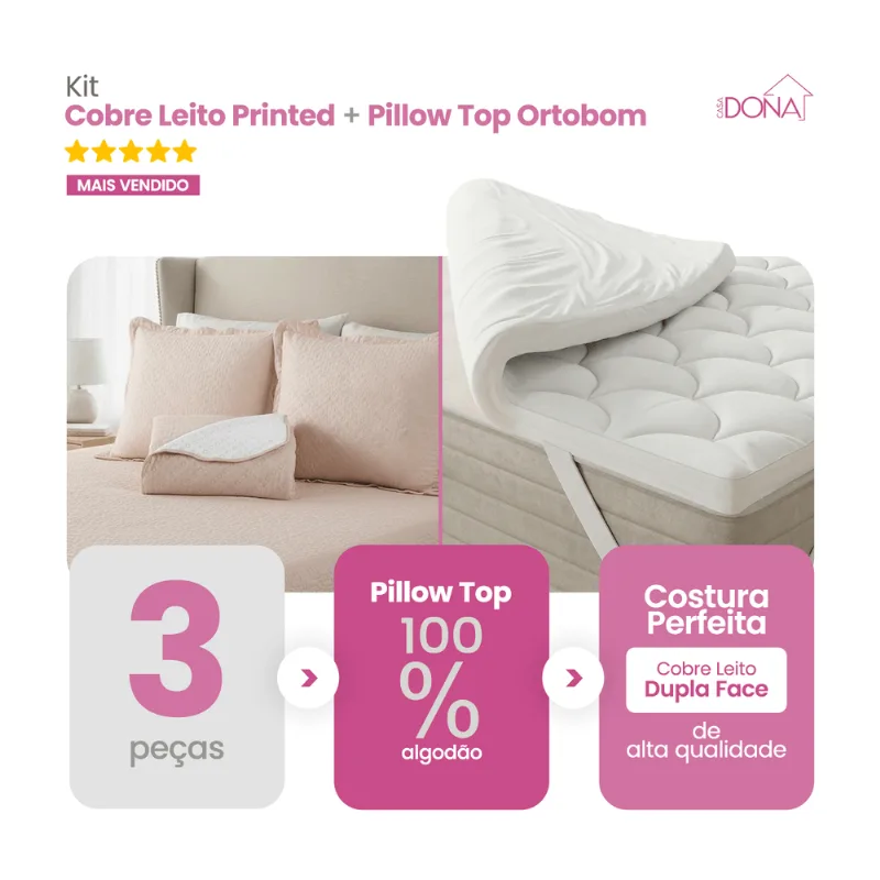 Kit Pillow Top Ortobom 200 Fios Percal 100 Algodão Hipoalérgico Mais Cobre Leito 3 Peças Premium Dupla Face
