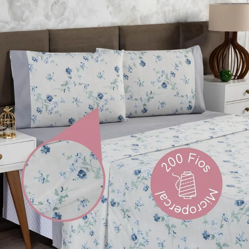 Jogo De Lençol Casal 4 Peças Estampado Urbe 200 Fios Floral Prata Casa Dona
