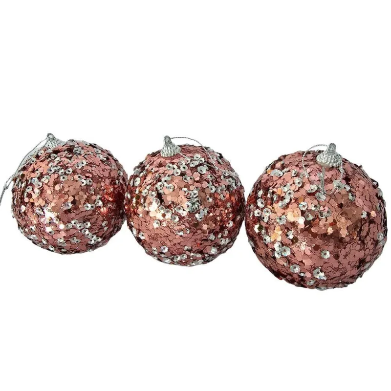 Bolas de Natal Rose Lantejouladas Kit 3 Pçs com Mini Lantejoulas Rose e Prata Rosê Tok da Casa - OUTRAS - Brinquedos