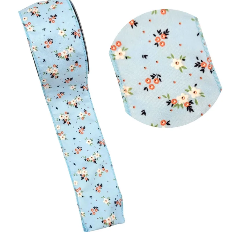 Enfeite Páscoa Fita Aramada Azul Floral 6Cmx9M