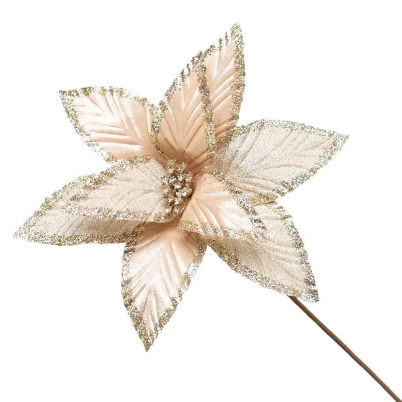 Flor poinsetia natalina decorativa dourada com brilho - 50CM