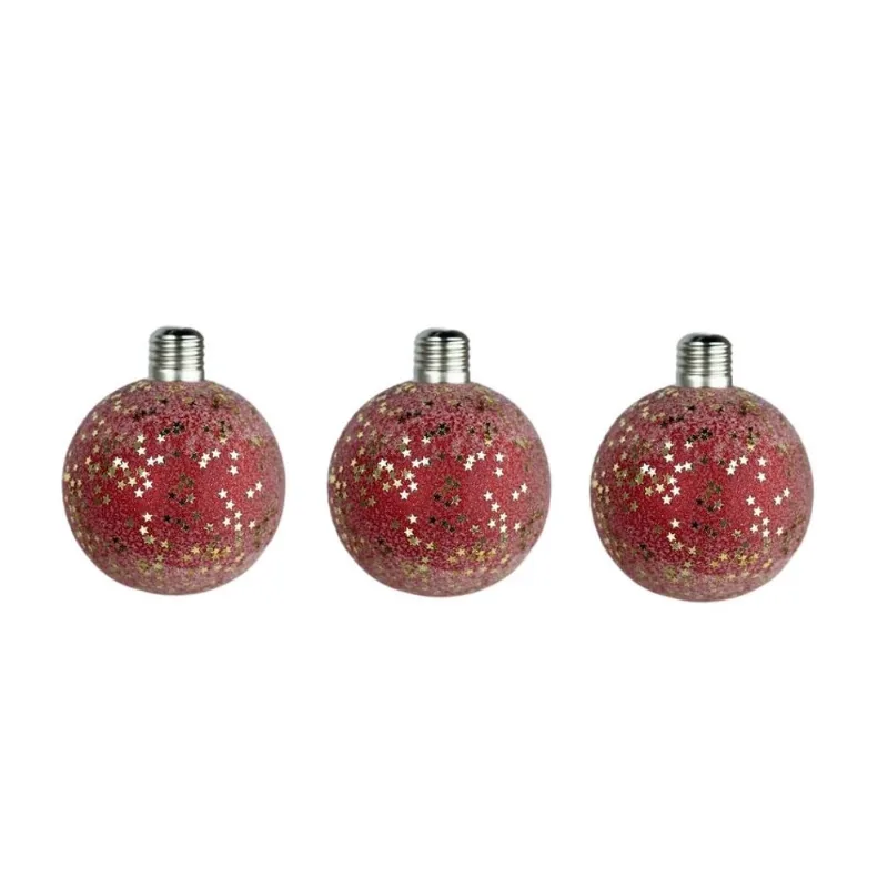 Trio Bola de Natal Vermelha com estrelas dourada e Led 10cm