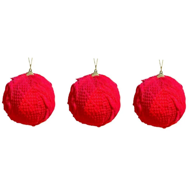Trio de Bola de Natal Vermelha em trico 10cm