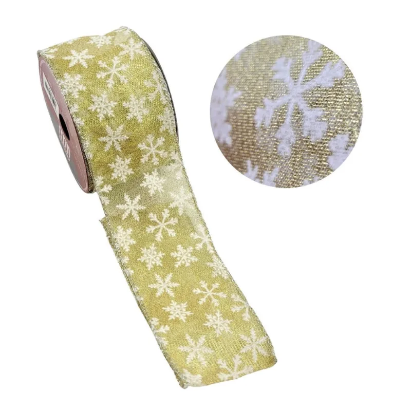 Fita Dourada Natalina Flocos De Neve 6Cmx9M Natal Decorativa