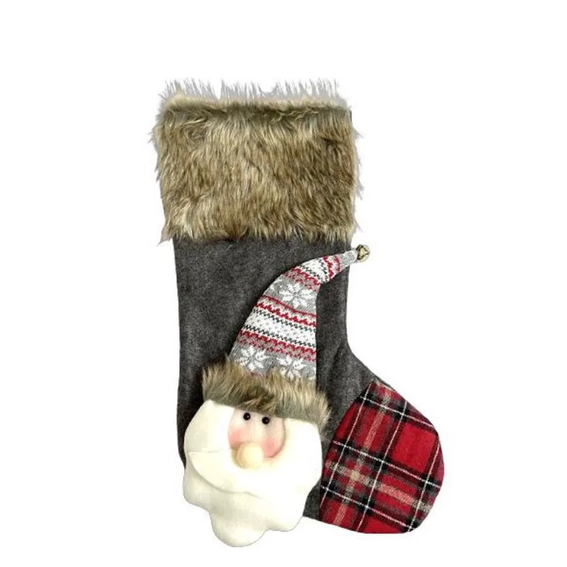 Meia Natalina Decorativa com Papai Noel e Pelo e Trico