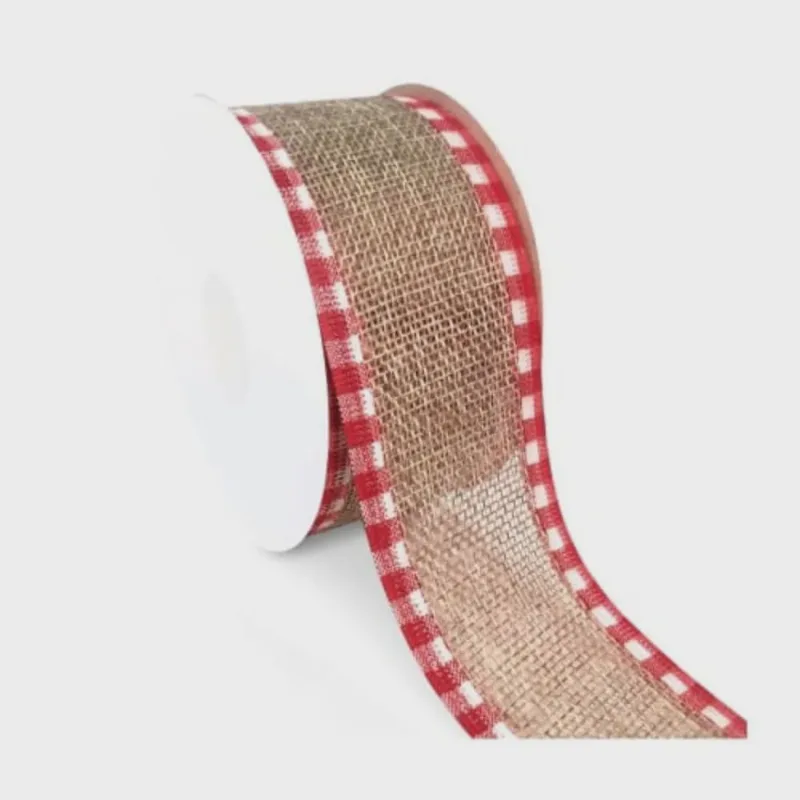 Fita Decorativa Bege Aramada com Borda Vermelha e Branco Xadrez 6,3cm x 9,14m FT3881 - Tok da Casa