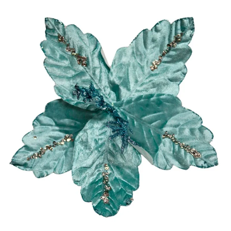 Flor Poinsettia Decorativa Tok Azul Com Glitter 34cm 3570 (MP)