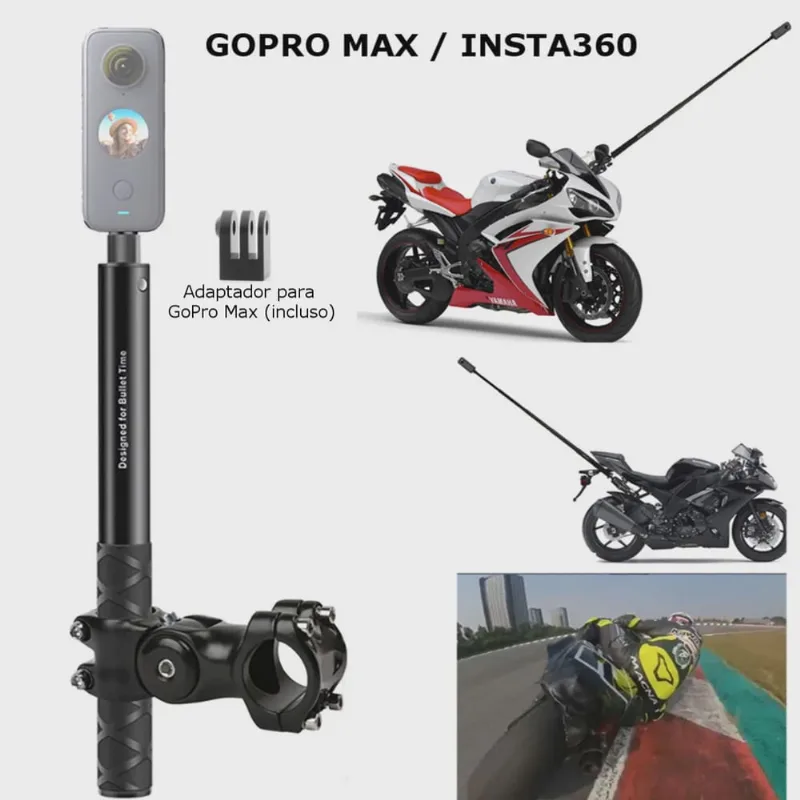 Suporte em Alumínio Para Moto + Bastão de Selfie Invisível Para Insta360 e GoPro Max