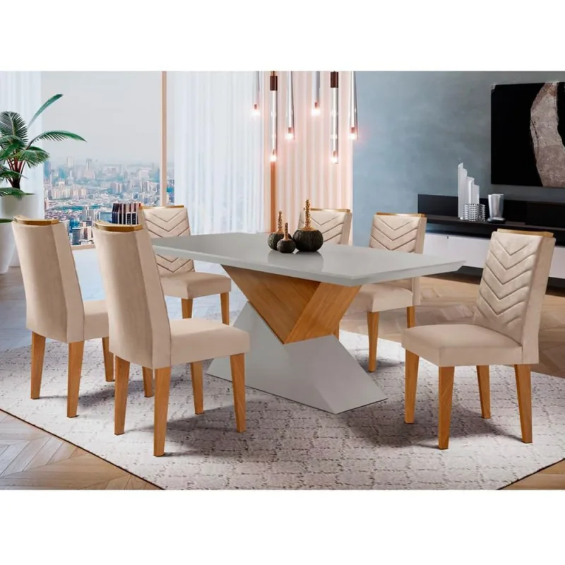 Sala jantar tampo em Mdf 6 Cadeiras creme,off white e imbuia - moderna - Móveis