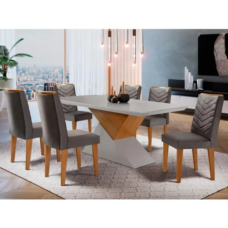 Sala jantar tampo Mdf 6 Cadeiras grafite, off white e imbuia - Moderna