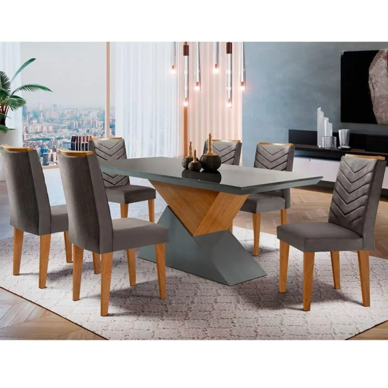 Sala de jantar tampo em Mdf 6 Cadeiras grafite com imbuia - Moderna