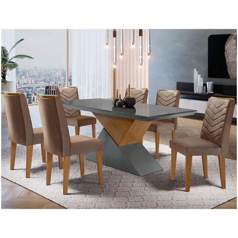 Mesa Tampo Mdf E Vidro 6 Cadeiras Marrom/Grafite/Imbuia - Moderna