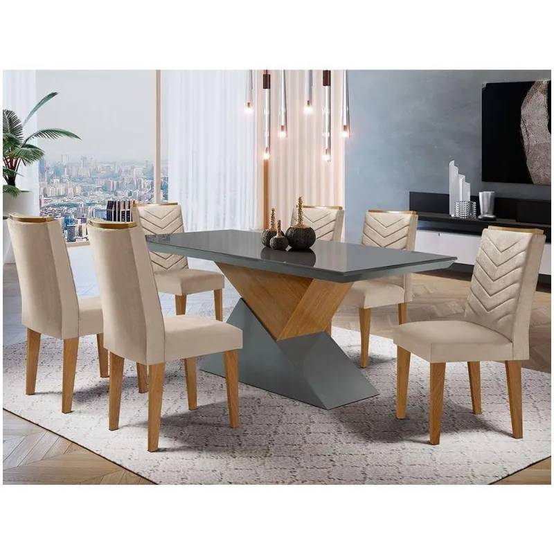 Mesa Tampo Mdf E Vidro 6 Cadeiras Creme/Grafite/Imbuia - Moderna - Móveis