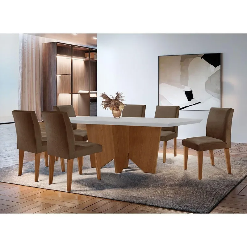 Sala De Jantar Mesa Evora 6 Cade. Grecia Rufato Vel. Marrom - Móveis Rufato