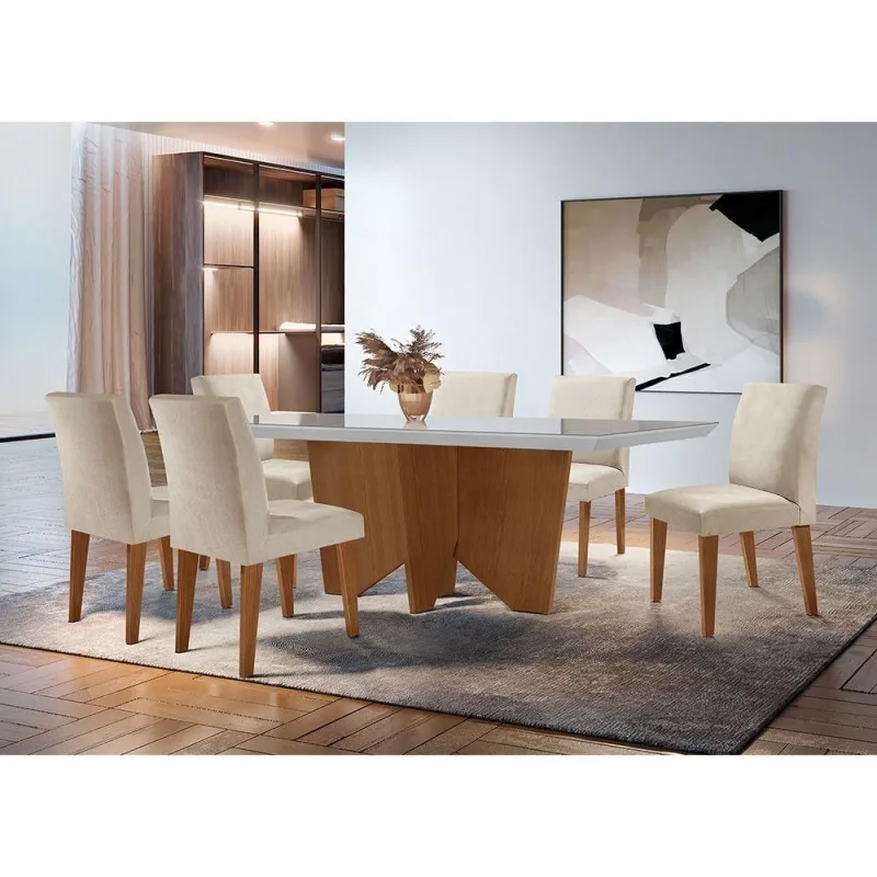 Sala Jantar Evora Canto Reto 6 Cad Grecia Rufato Vel.creme - Móveis Rufato