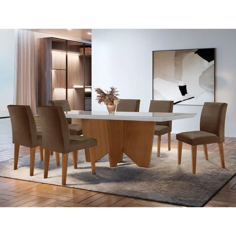 Sala Jantar Evora Canto Reto 6 Cad Grecia Rufato Vel. Marrom - Móveis Rufato