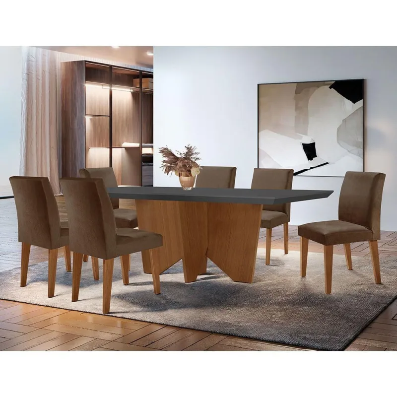 Sala De Jantar Mesa Evora Canto 6 Cade. Grecia Rufato Marrom - Móveis Rufato