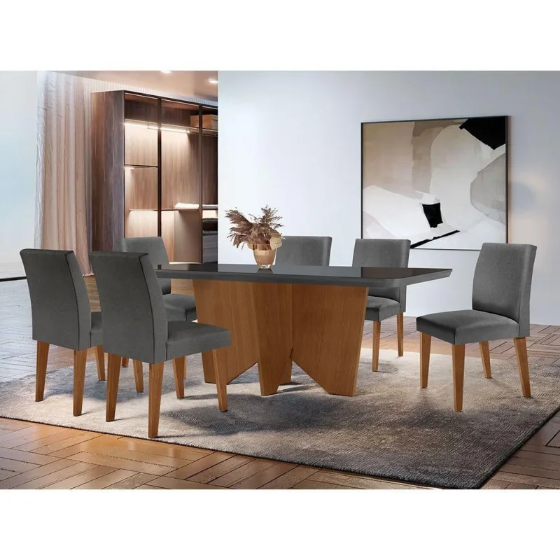 Sala De Jantar Mesa Evora 6 Cade. Grecia Grafite/Imbuia - Móveis Rufato