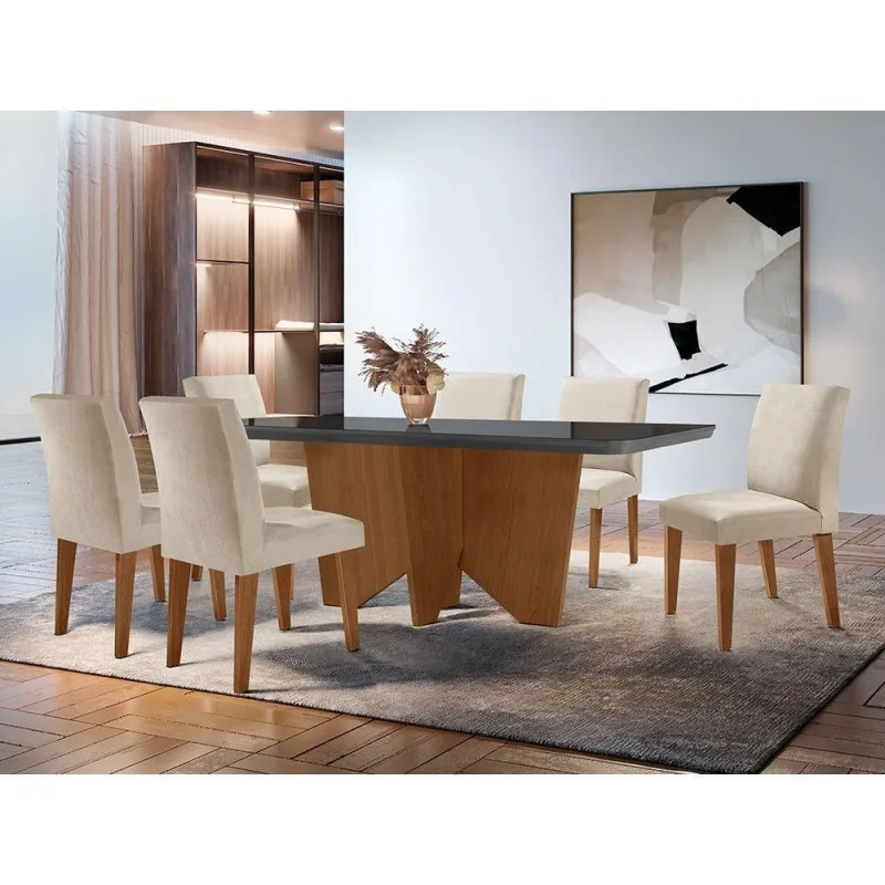 Sala Jantar Evora Copo 6 Cade. Grecia Rufato Veludo Creme - Móveis Rufato