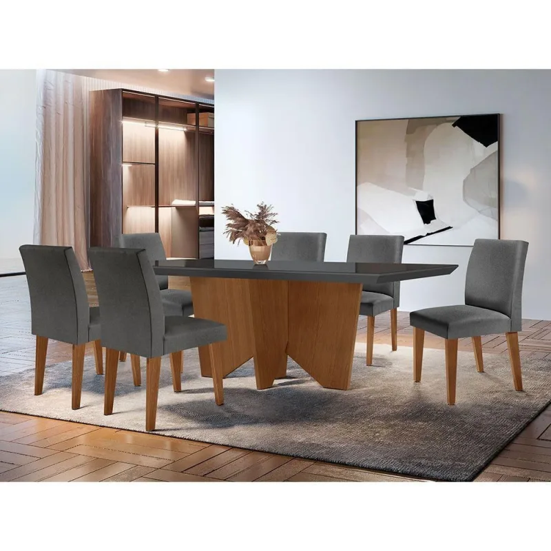 Sala De Jantar Mesa Evora Com 6 Cad Grecia Grafite/Imbuia - Móveis Rufato