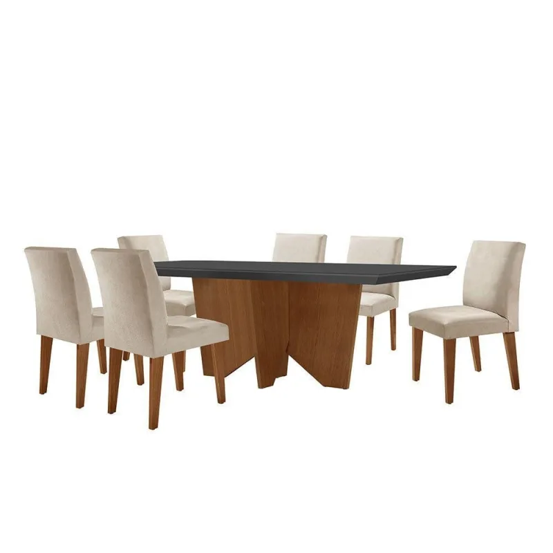 Sala De Jantar Mesa Evora Canto Reto Com 6 Cadeiras Grecia Rufato Veludo Creme Grafite E Imbuia - Móveis Rufato