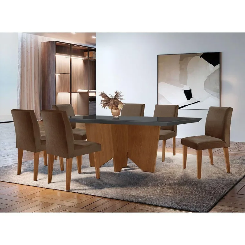 Sala Jantar Evora Canto 6 Cad Grecia Rufato Veludo Marrom - Móveis Rufato